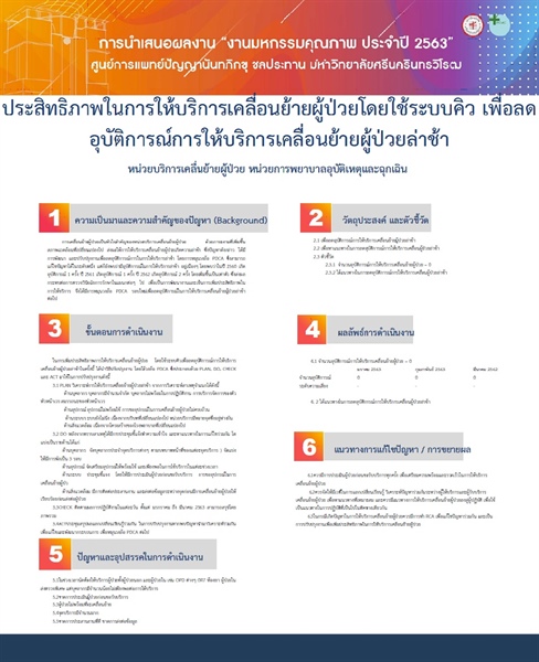 ประสิทธิภาพในการให้บริการเคลื่อนย้ายผู้ป่วยโดยใช้ระบบคิว เพื่อลดอุบัติการณ์การให้บริการเคลื่อนย้ายผู้ป่วยล่าช้า