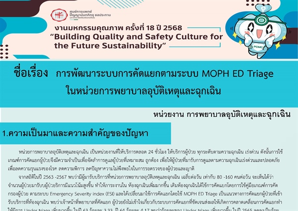 การพัฒนาระบบการคัดแยกตามระบบ MOPH ED Triage ในหน่วยการพยาบาลอุบัติเหตุและฉุกเฉิน